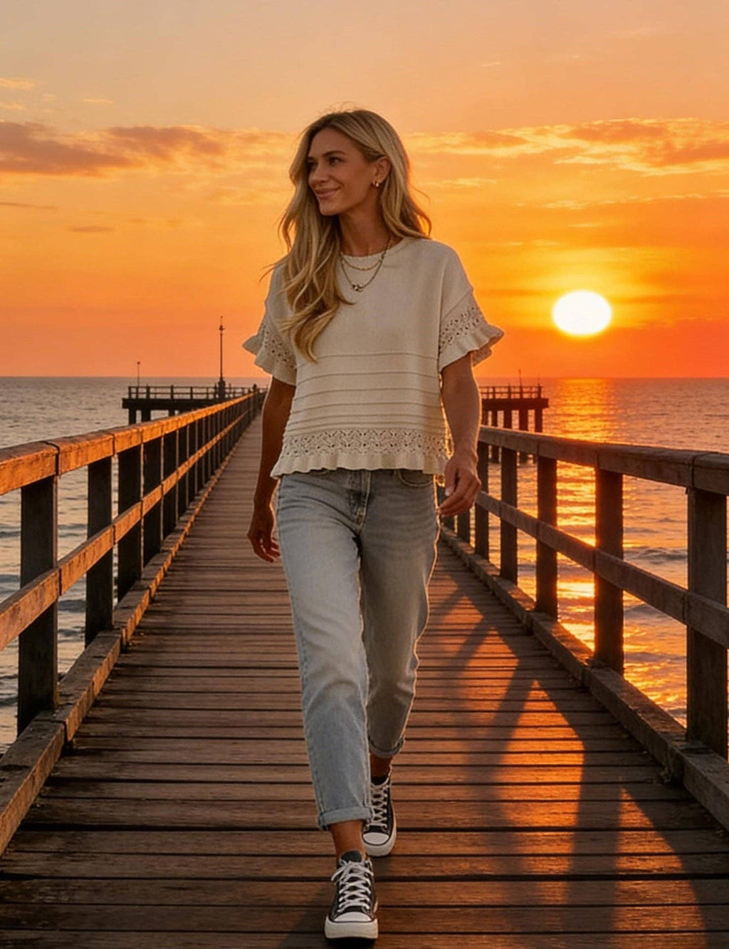 Boho Solid Knit Top Casual Eyelet Ruffle Sleeve