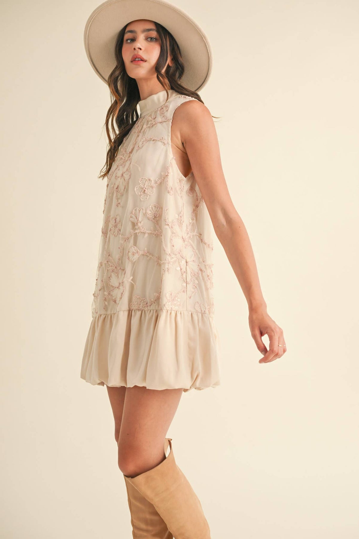 BUBBLE HEM EMBELLISHED MIXED MEDIA MINI DRESS MDR3691
