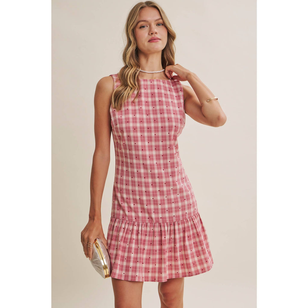 CHARMING FLOCKED PLAID TAILORED DROP WAIST MINI DRESS