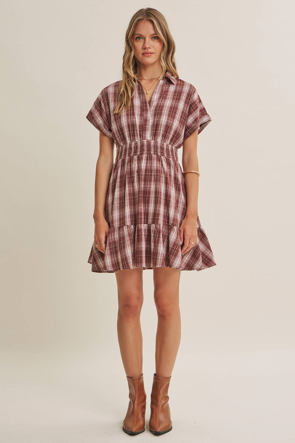 AUTUMN PICNIC DROP SHOULDER PLAID SMOCKED WAIST MINI DRESS