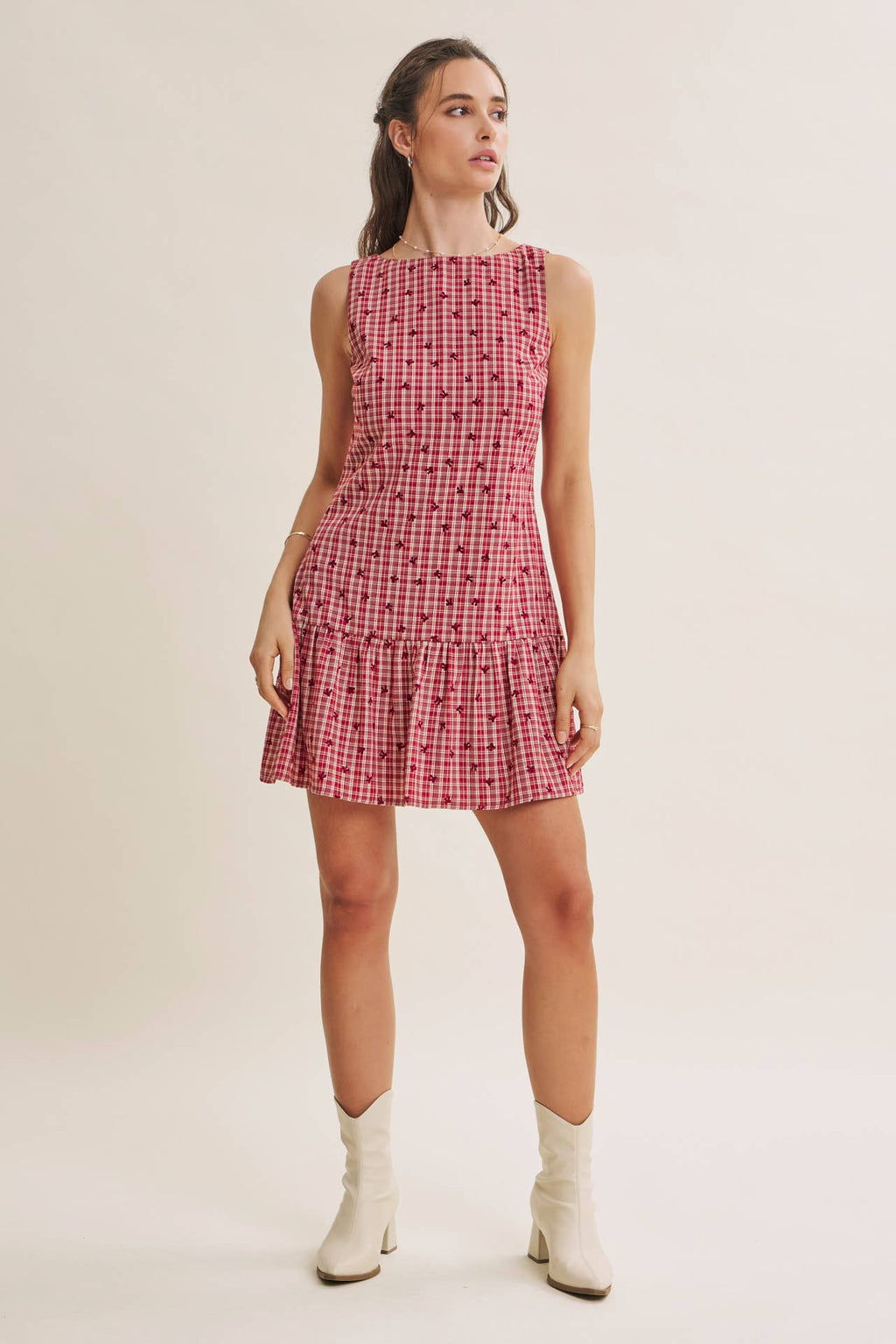 CHARMING FLOCKED PLAID TAILORED DROP WAIST MINI DRESS