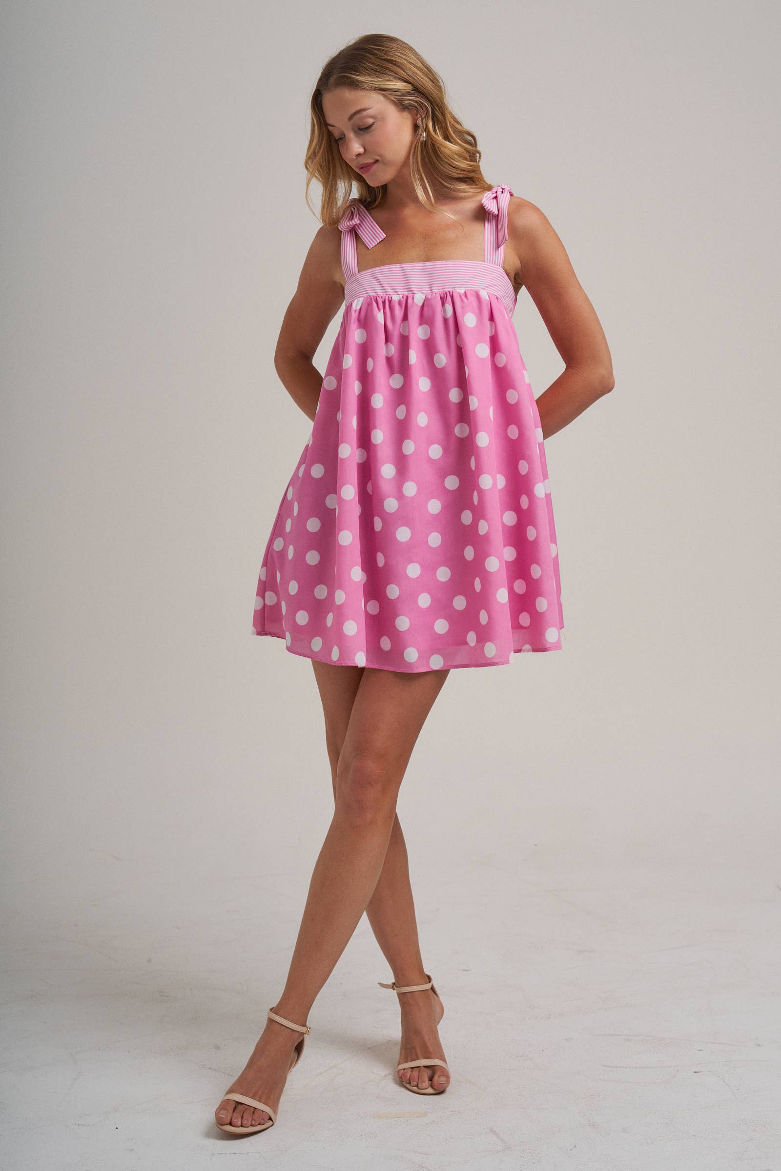 POLKA DOT BABYDOLL A LINE MINI DRESS WITH STRIPE BODICE