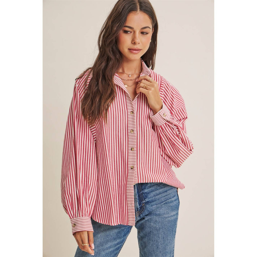 FRENCH CAFE MIXED STRIPE BATWING BUTTON-DOWN SHIRT