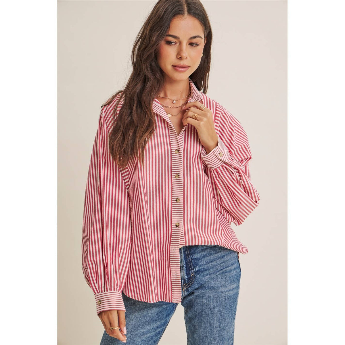 FRENCH CAFE MIXED STRIPE BATWING BUTTON-DOWN SHIRT
