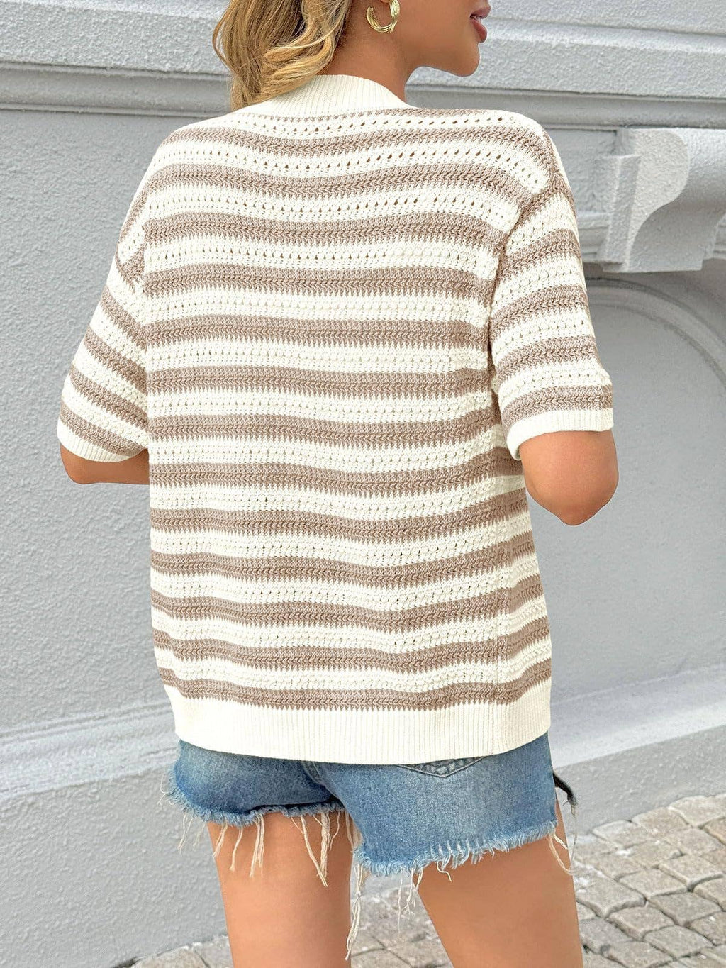 Striped Knit Cardigan Casual V Neck Button Front