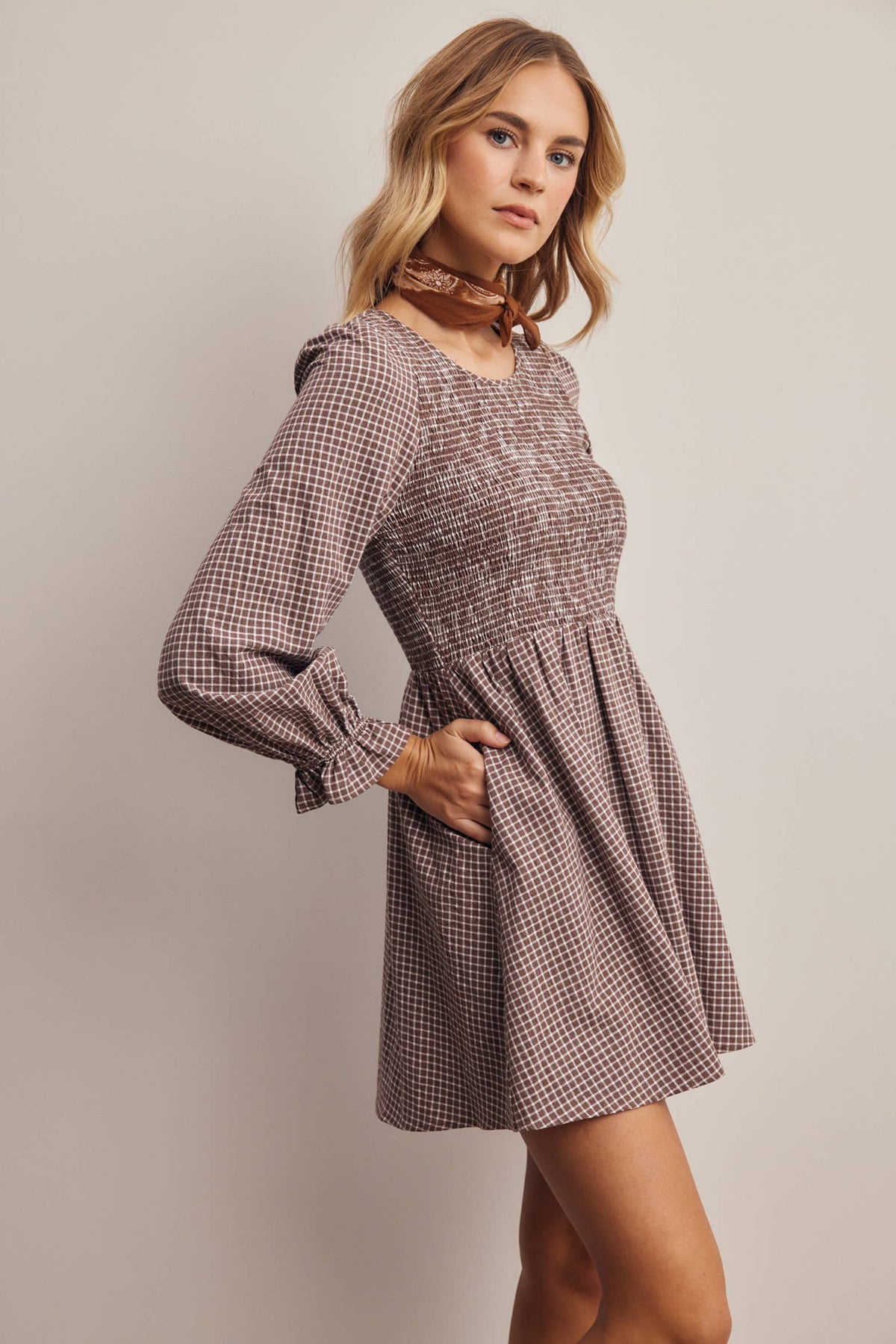 Smocked Gingham Mini Dress FD0071