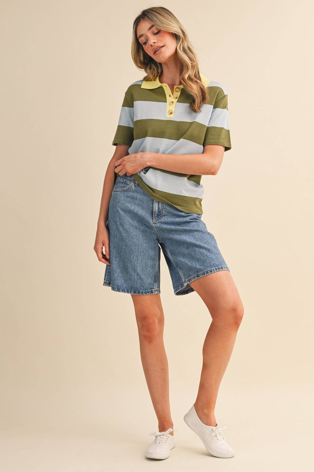 STRIPED SWEATER KNIT SHORT SLEEVE POLO MSW11339