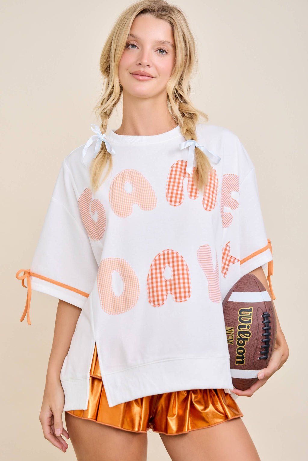 Game Day Patchwork Boxy Top – Ribbon Sleeve Western Style