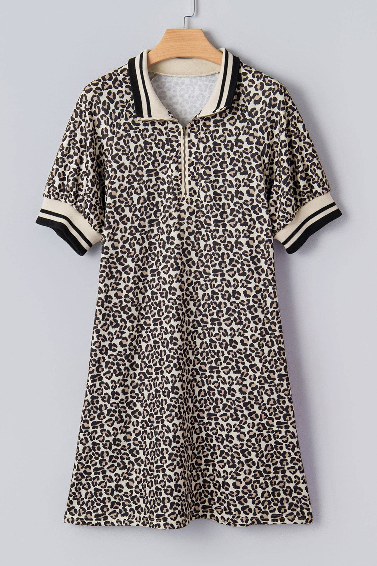 PRETTY BASH Leopard Stripe Patchwork Zip Collar Mini Dress