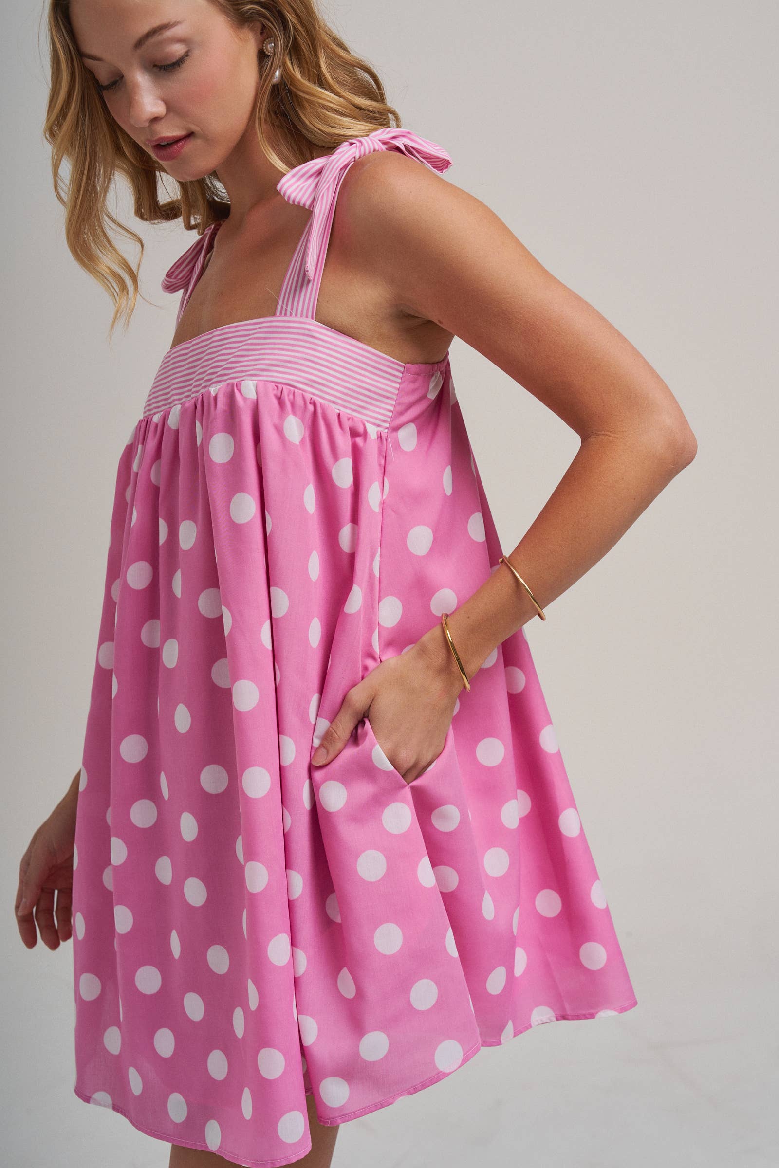 POLKA DOT BABYDOLL A LINE MINI DRESS WITH STRIPE BODICE
