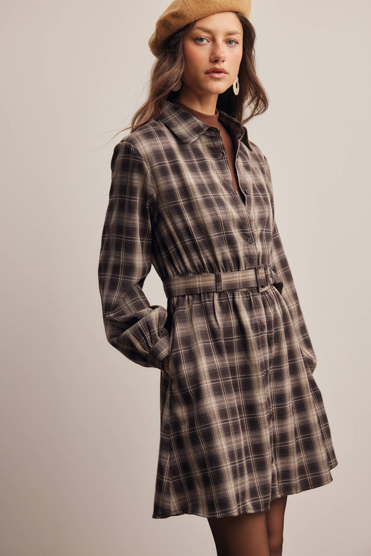 Belted Plaid Shirt Dress FD0063