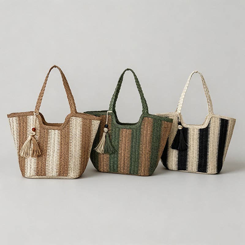 Summer Striped Straw Tote Bag