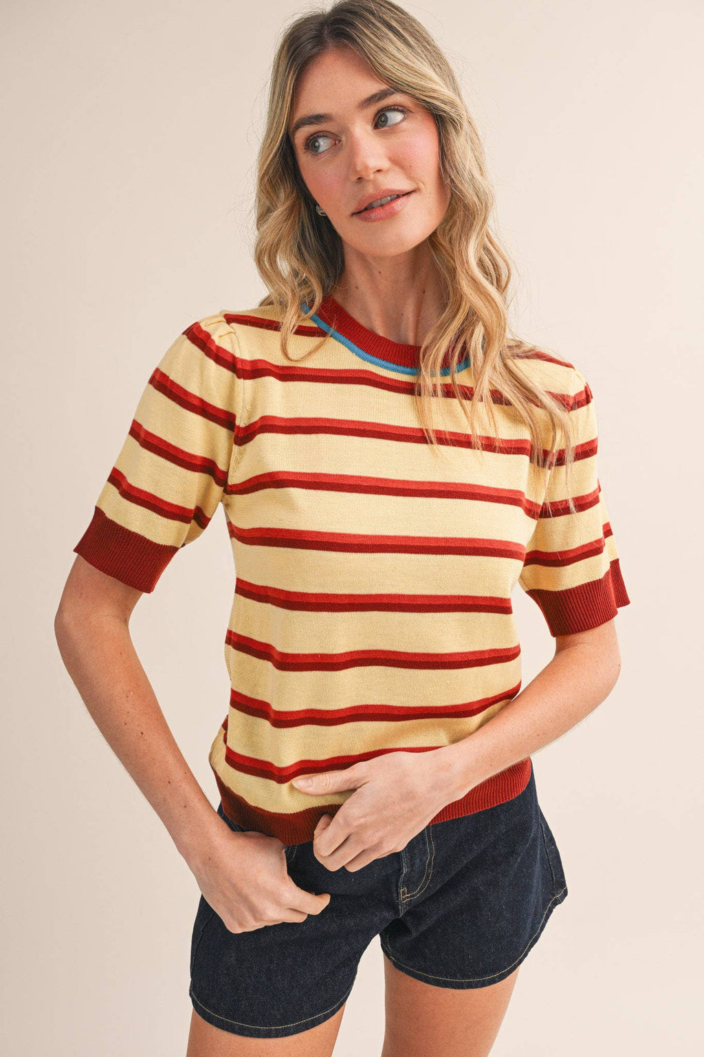 STRIPED SHORT SLEEVE SWEATER MSW11335