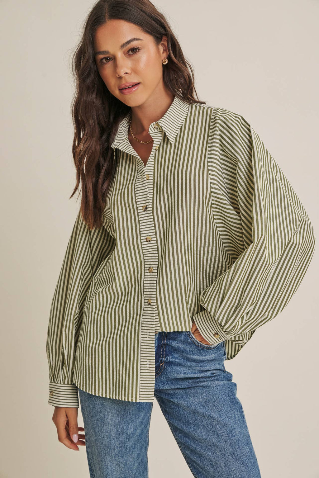 FRENCH CAFE MIXED STRIPE BATWING BUTTON-DOWN SHIRT