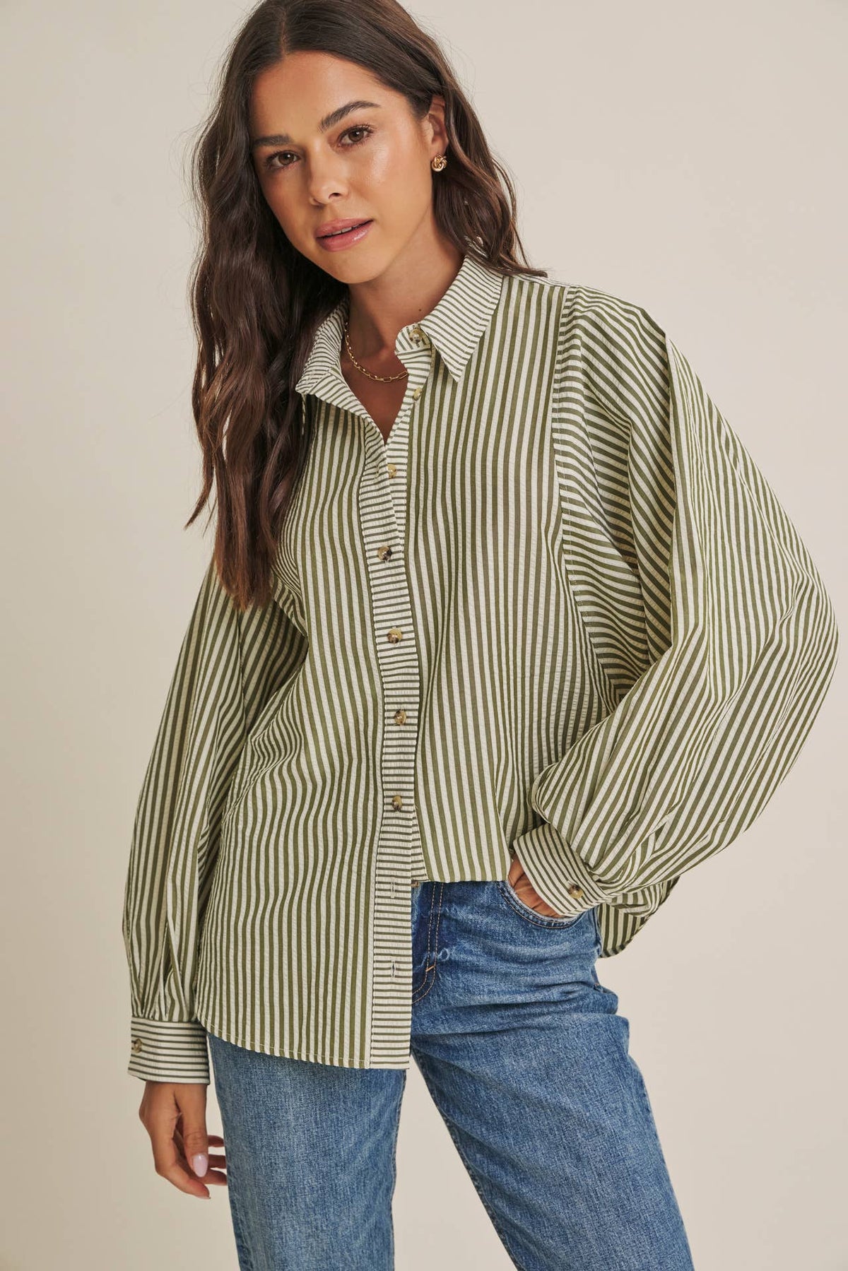 FRENCH CAFE MIXED STRIPE BATWING BUTTON-DOWN SHIRT