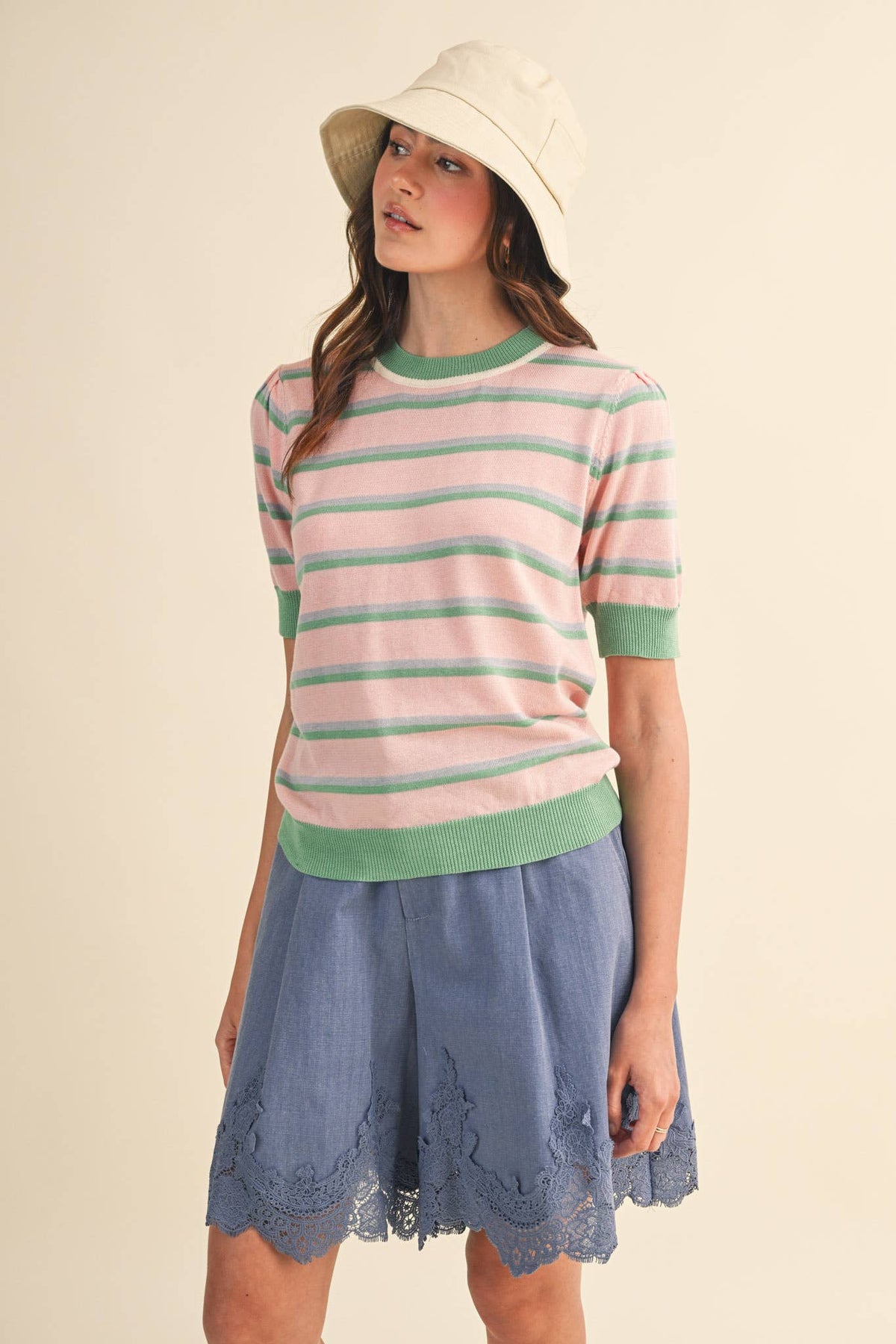 STRIPED SHORT SLEEVE SWEATER MSW11335