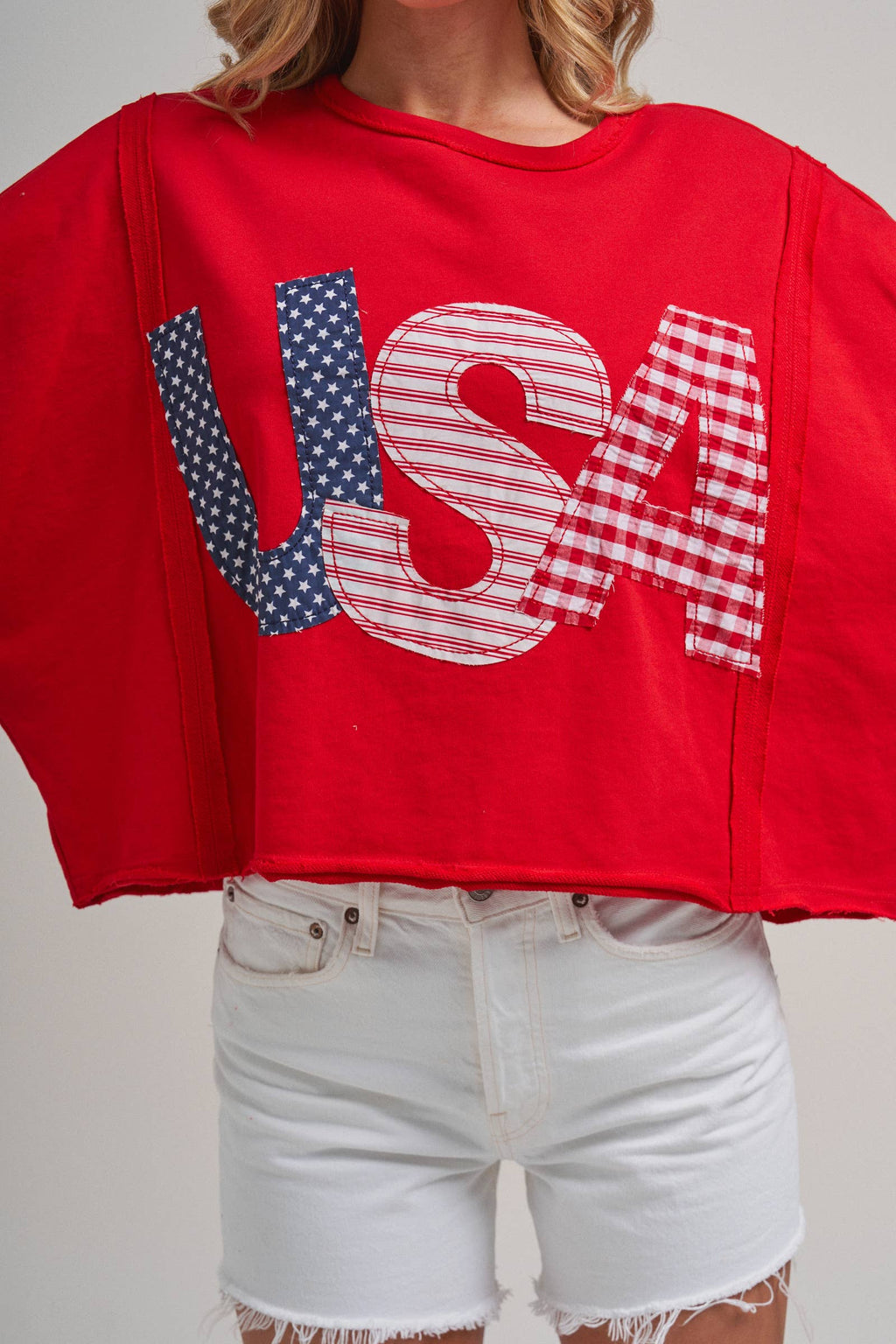 BIG USA LETTER PATCH OVERSIZED 4TH OF JULY KNIT TOP
