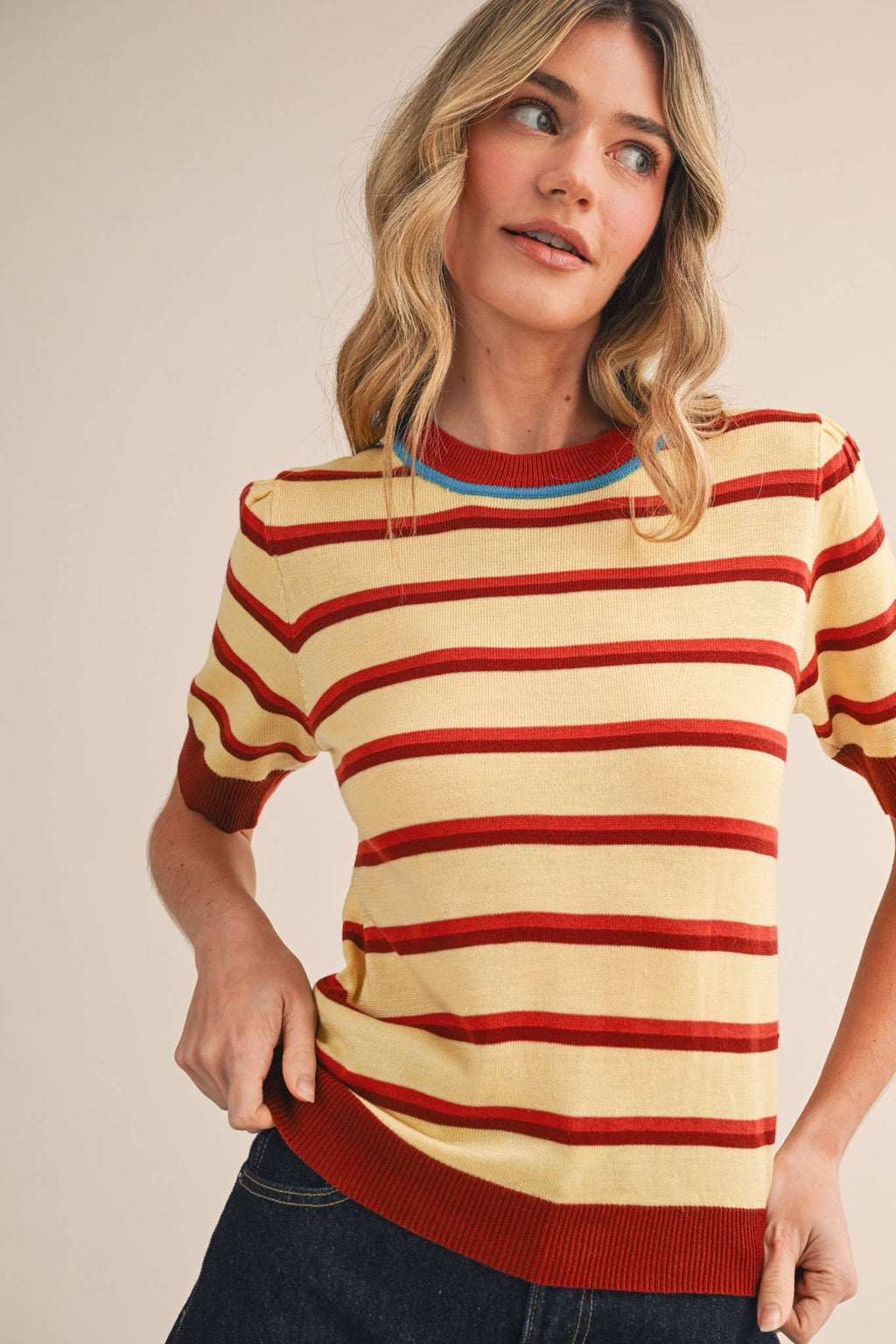 STRIPED SHORT SLEEVE SWEATER MSW11335
