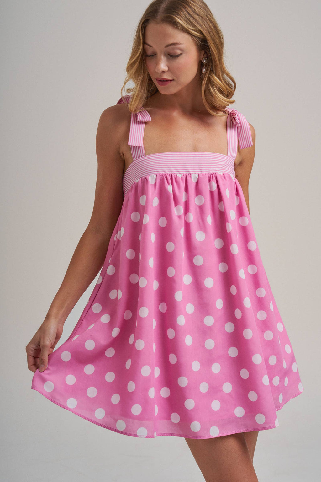 POLKA DOT BABYDOLL A LINE MINI DRESS WITH STRIPE BODICE