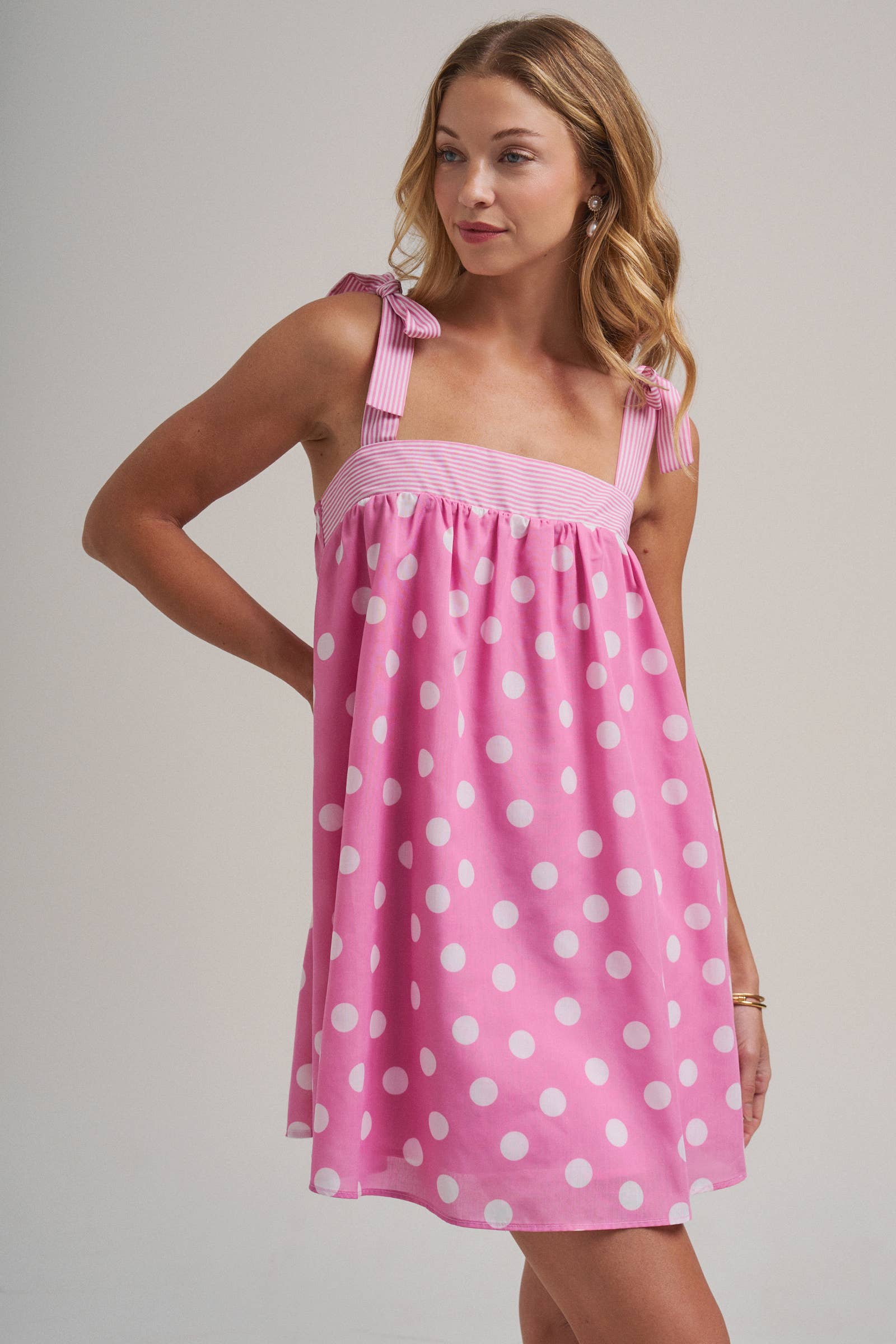 POLKA DOT BABYDOLL A LINE MINI DRESS WITH STRIPE BODICE