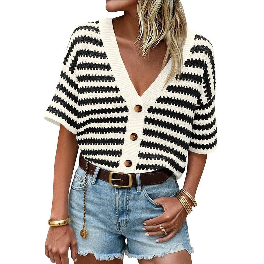 Striped Knit Cardigan Casual V Neck Button Front