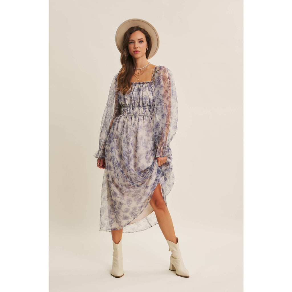 ETHEREAL GRACE FLORAL ORGANZA MIDI DRESS WITH ELASTIC WAIST