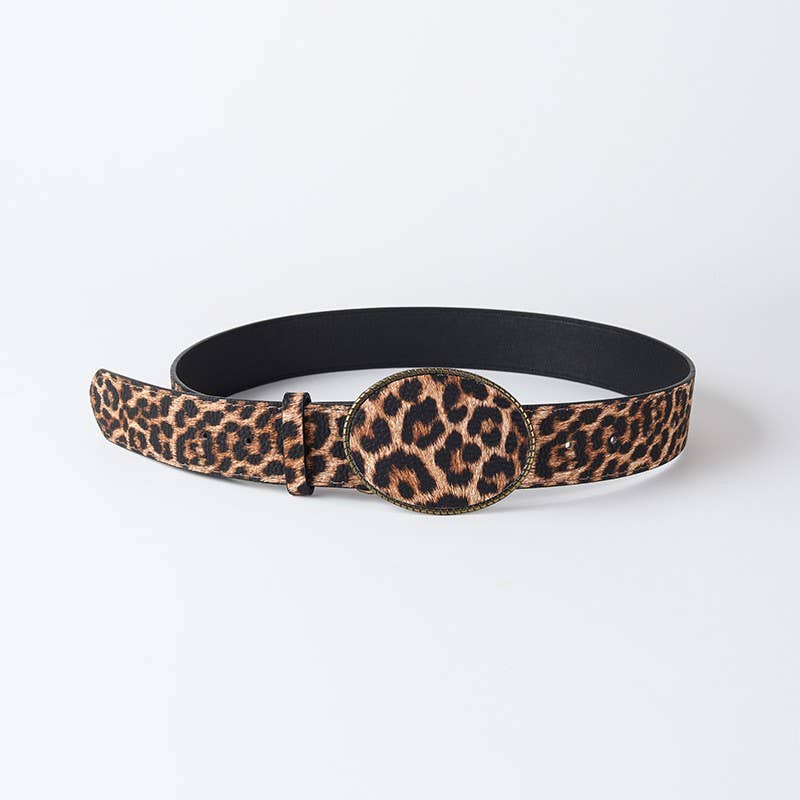Western Oval Buckle Faux Leather & Leopard Belt | 40BT660