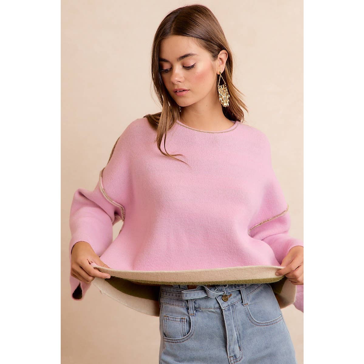 STRIPE CONTRAST BINDING AND REVERSIBLE SWEATER