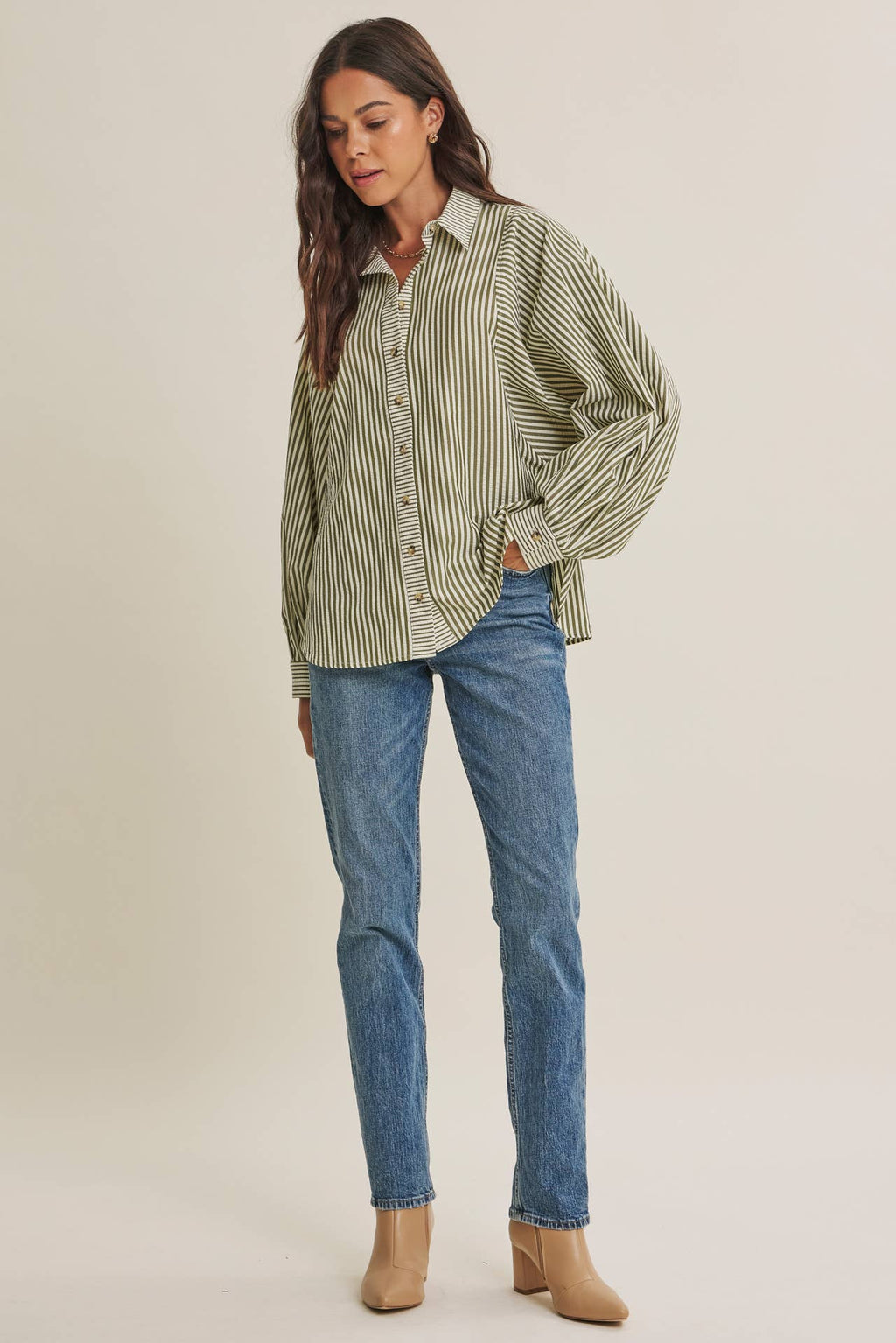 FRENCH CAFE MIXED STRIPE BATWING BUTTON-DOWN SHIRT