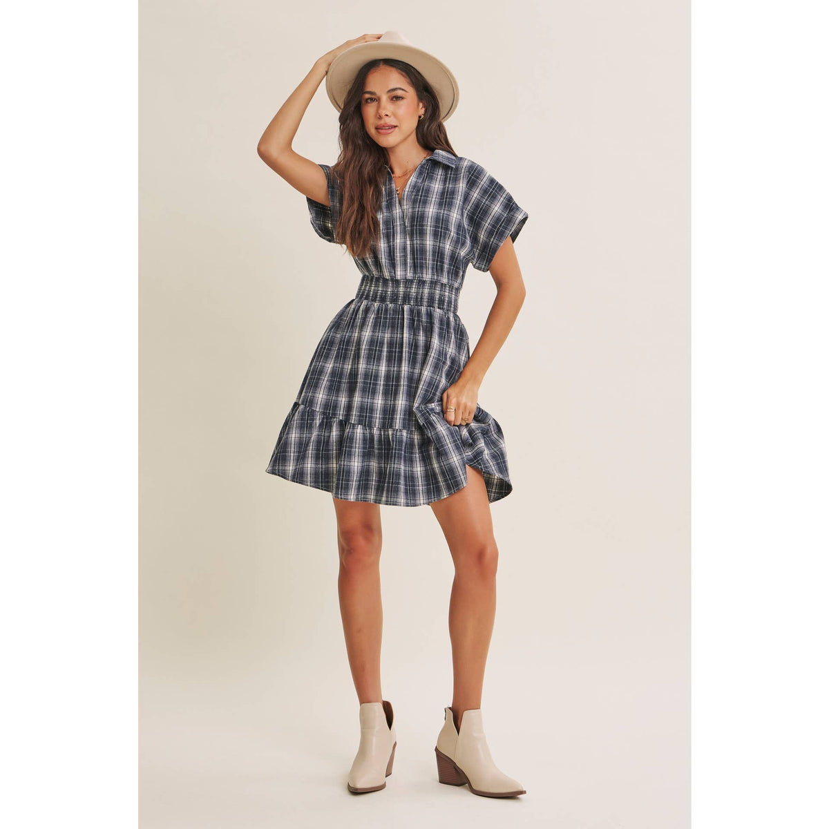 AUTUMN PICNIC DROP SHOULDER PLAID SMOCKED WAIST MINI DRESS