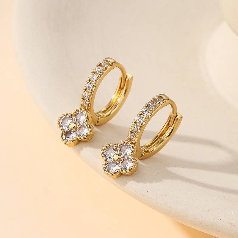 Dainty Clover Crystal Huggie Hoop Earrings | 40E514