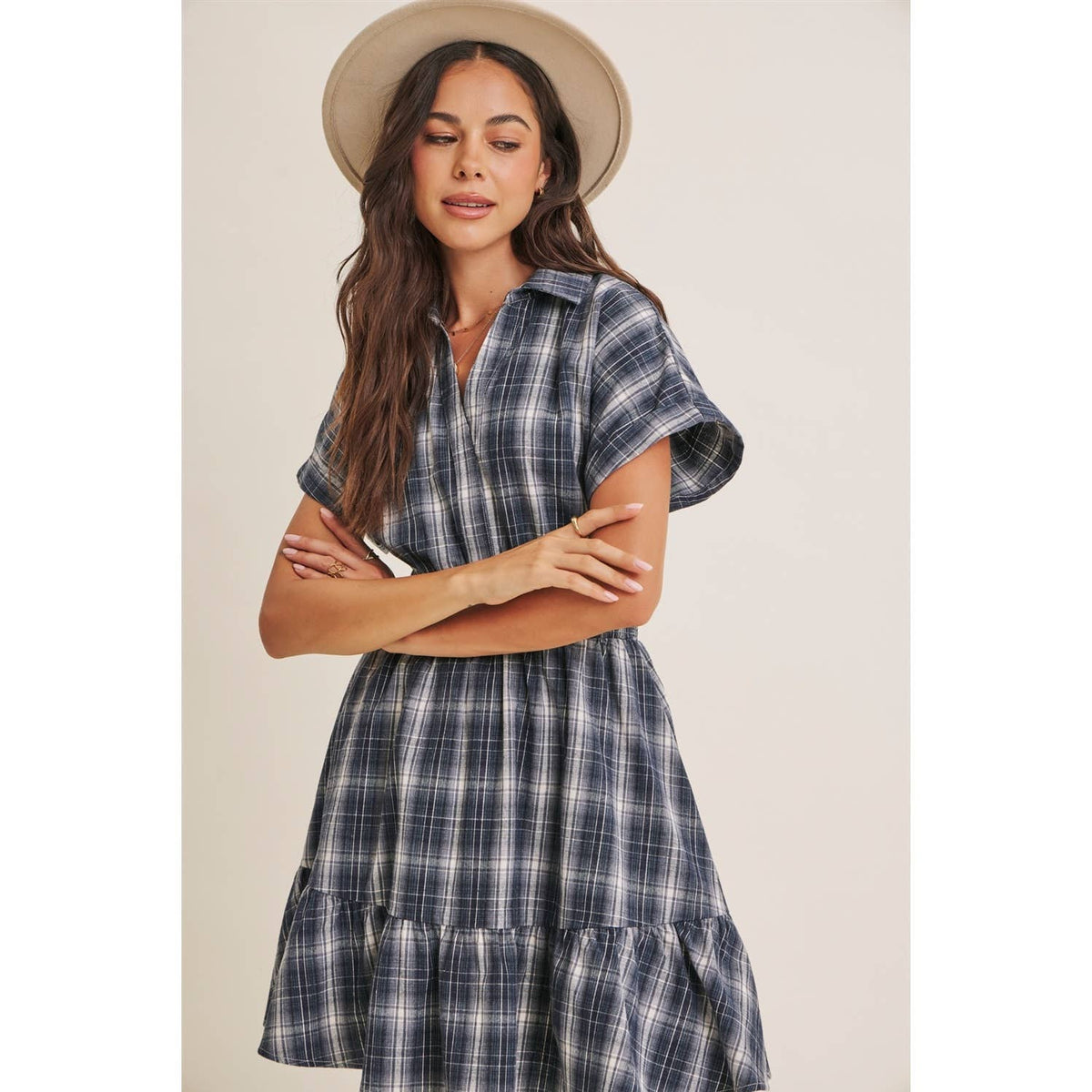 AUTUMN PICNIC DROP SHOULDER PLAID SMOCKED WAIST MINI DRESS